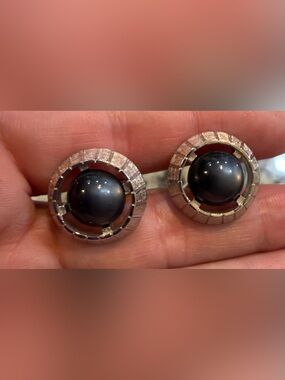 Men's Silver-Tone Cuff Links with Black Smoky Stone Look Center
